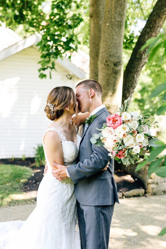 Summer wedding, natural, greenery, light, fresh, peonies, juliet roses, cream, pink, blush, bride and groom.