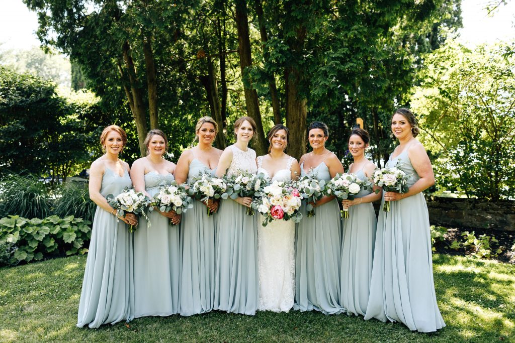 Summer wedding, natural, greenery, light, fresh, peonies, juliet roses, cream, pink, blush, groom, bride and bridesmaid, bouquets, dusty blue dresses.