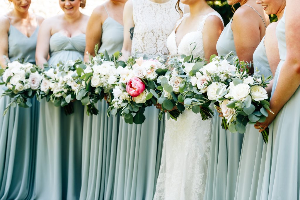 Summer wedding, natural, greenery, light, fresh, peonies, juliet roses, cream, pink, blush, groom, bride and bridesmaid, bouquets, dusty blue dresses.