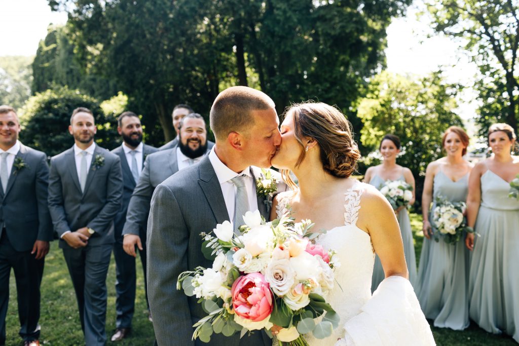 Summer wedding, natural, greenery, light, fresh, peonies, juliet roses, cream, pink, blush, groom, bride and groom, bridal party.