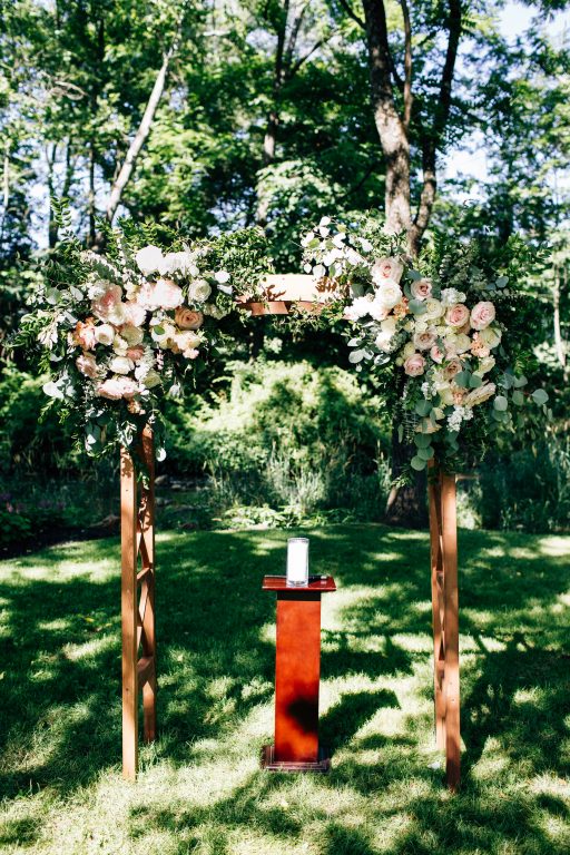 Summer wedding, natural, greenery, light, fresh, peonies, juliet roses, cream, pink, blush, ceremony, arbor florals, corner pieces.