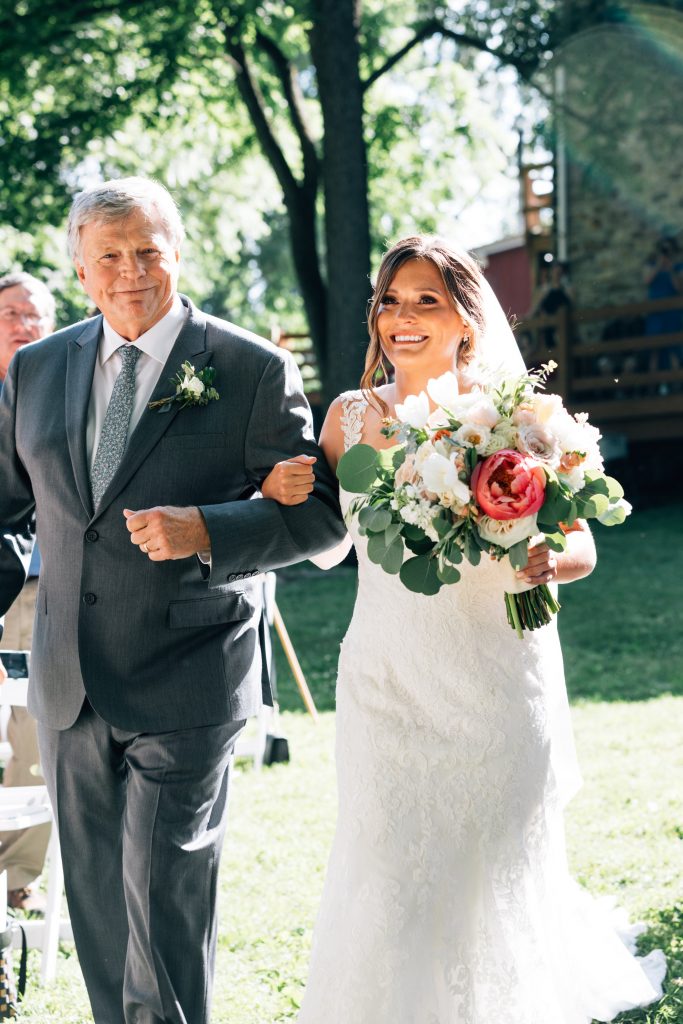 Summer wedding, natural, greenery, light, fresh, peonies, juliet roses, cream, pink, blush, ceremony, father and bride, walking down the aisle.