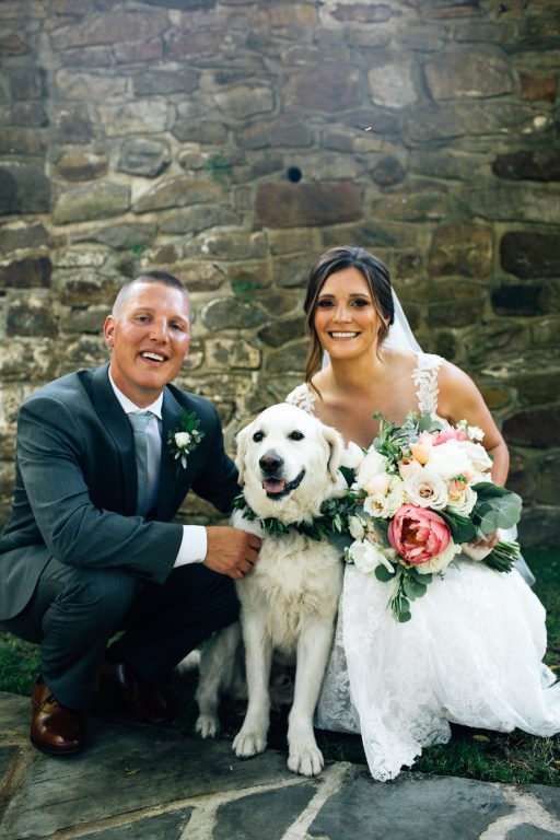 Summer wedding, natural, greenery, light, fresh, peonies, juliet roses, cream, pink, blush, bride and groom, dog.