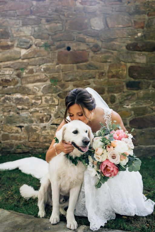 Summer wedding, natural, greenery, light, fresh, peonies, juliet roses, cream, pink, blush, bride and groom, dog.