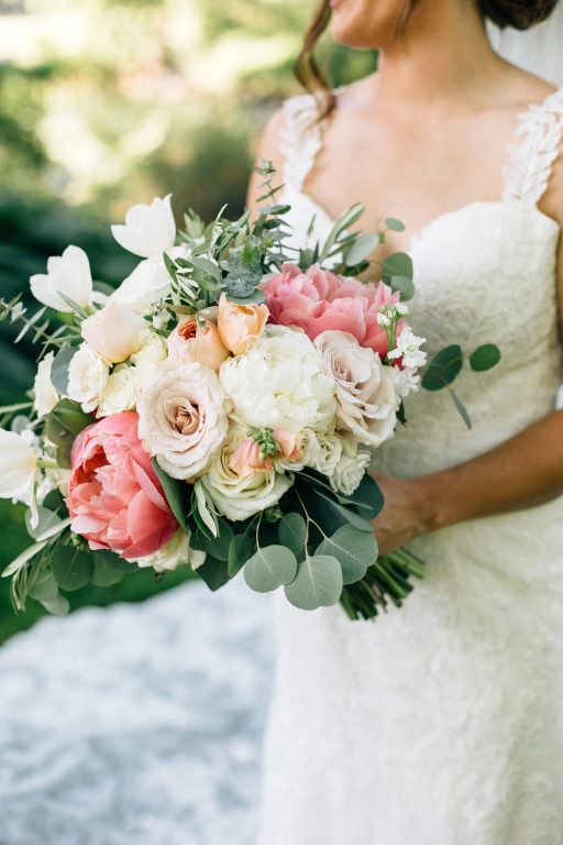 Summer wedding, natural, greenery, light, fresh, peonies, juliet roses, cream, pink, blush, reception, bride, bridal bouquet.