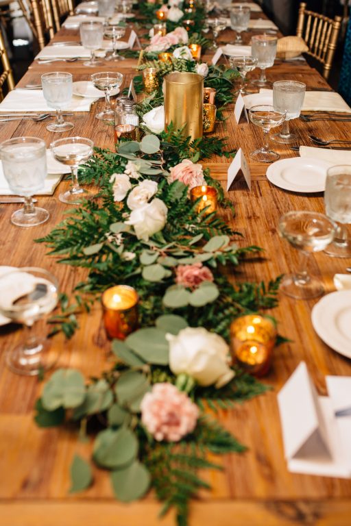 Summer wedding, natural, greenery, light, fresh, peonies, juliet roses, cream, pink, blush, reception, farm table, centerpiece, greenery runner.