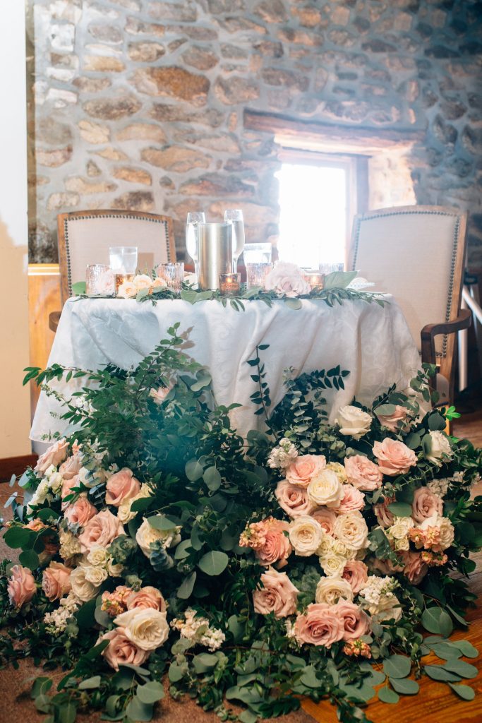 Summer wedding, natural, greenery, light, fresh, peonies, juliet roses, cream, pink, blush, reception, sweetheart table.