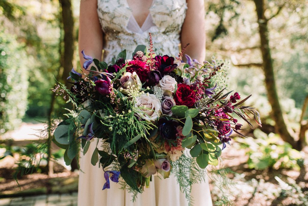 Whimsical, fall, autumn, jewel tones, gardeny, greenery, purples, blues, organic, wedding, bridal bouquet.