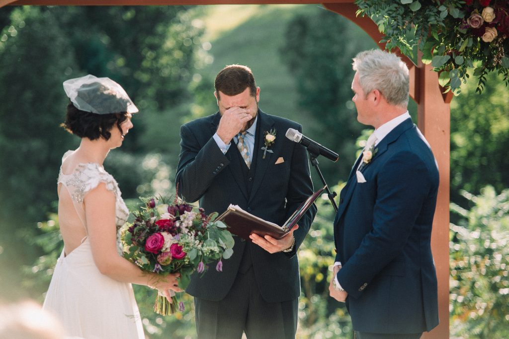 Whimsical, fall, autumn, jewel tones, gardeny, greenery, purples, blues, organic, wedding, bride and groom, ceremony.