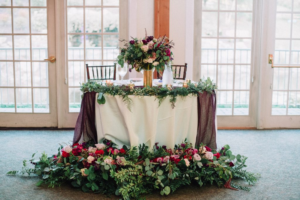 Whimsical, fall, autumn, jewel tones, gardeny, greenery, purples, blues, organic, wedding, bridal bouquet, sweetheart table.