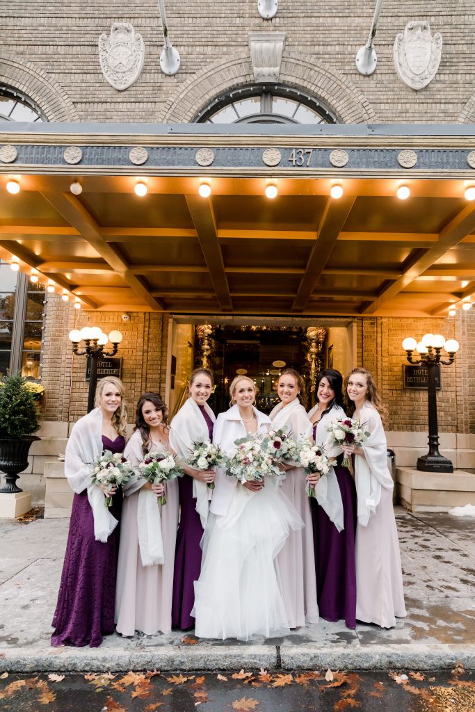 grey-green, plum, cream and a hint of blush, traditional, modern, winter wedding, roses, spray roses, ranunculus, bride and bridesmaids, bouquets.