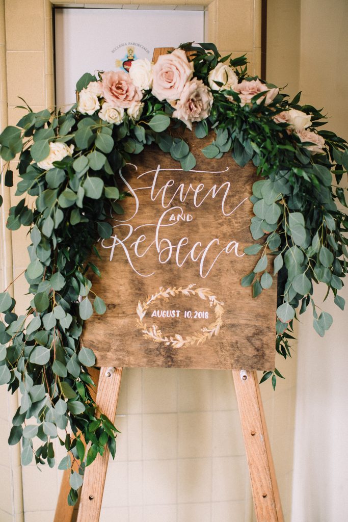 whimsical, boho, enchanted, secret garden, summer wedding, cream, blush, greenery florals, welcome sign, floral and greenery swag.