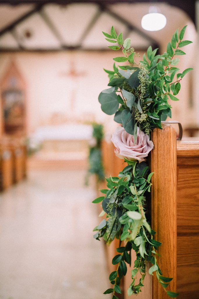 whimsical, boho, enchanted, secret garden, summer wedding, cream, blush, greenery florals, ceremony, pew piece, floral and greenery swag.