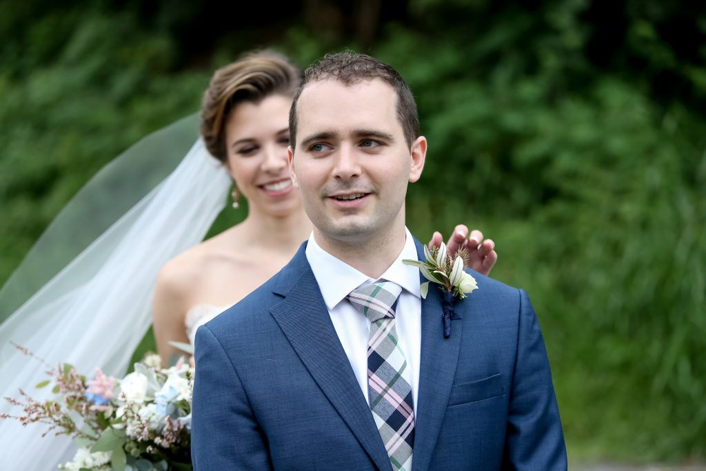 warm, loving, striking and fashionable, artistic, fall wedding, navy, slate bluish, pewter, blush, cream, greenery, texture, botanical, asymmetrical, bride and groom, first look.