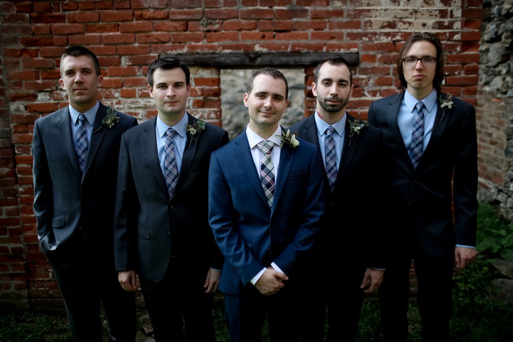 warm, loving, striking and fashionable, artistic, fall wedding, navy, slate bluish, pewter, blush, cream, greenery, texture, botanical, asymmetrical, groom and groomsmen.