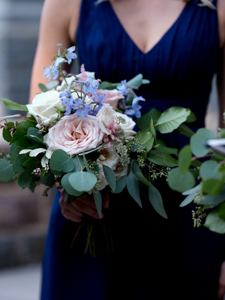 warm, loving, striking and fashionable, artistic, fall wedding, navy, slate bluish, pewter, blush, cream, greenery, texture, botanical, asymmetrical, bridesmaid bouquet.