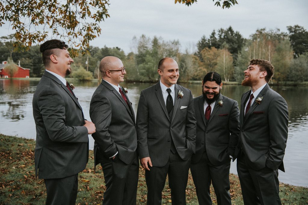 Rustic, country, burgundy, white, burlap, beige, roses, dahlias, spray roses, groomsmen.