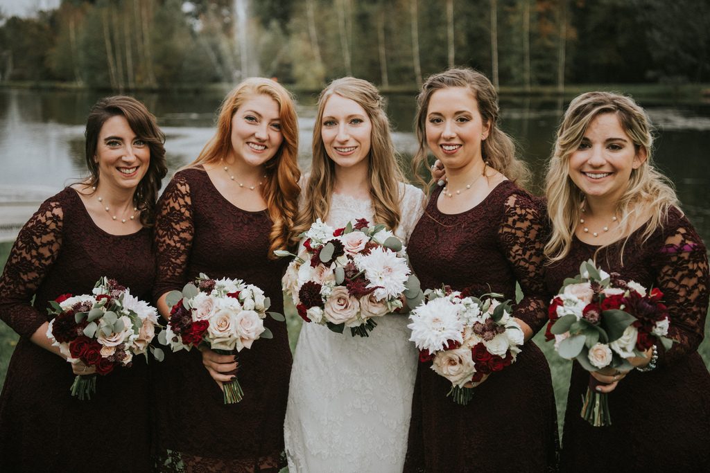 Rustic, country, burgundy, white, burlap, beige, roses, dahlias, spray roses, bridesmaids.