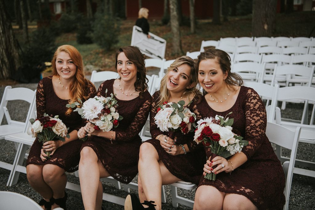 Rustic, country, burgundy, white, burlap, beige, roses, dahlias, spray roses, bridesmaids.