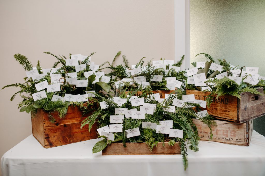 Summer wedding, fun, party of the summer, greens, ferns, forest greens, rose gold, copper, cream, vintage boxes, escort cards.