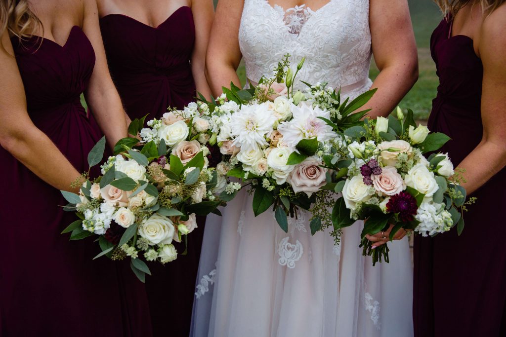 Lehigh Valley wedding, lehigh valley florist, romantic, simple, wine, burgundy, blush, cream, fall wedding, white and blush, bride and bridesmaids.